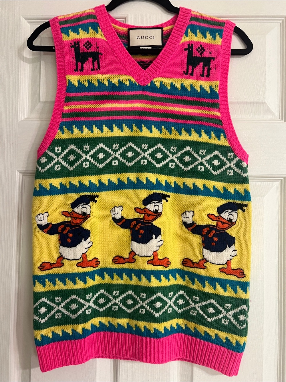 Gucci vintage Pink, Royal Blue , Yellow & Green Donald Duck Knit Sweater Vest
